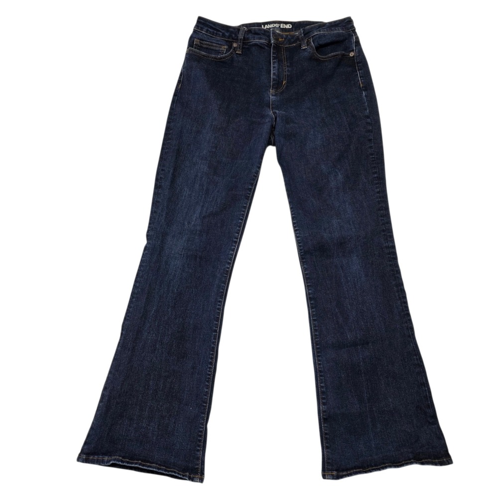 Lands' End Mid Rise Curvy Bootcut Jeans Women 12‎ Blue Dark Wash Stretch Denim